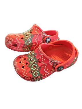 CROCS Kids Red Clogs with Green Pattern Festive Holiday Christmas Size 8c